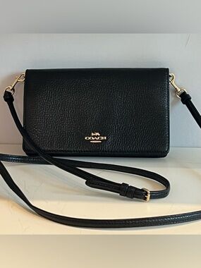Coach Fold Over Crossbody Clutch Black Pebbled Leather Gold Hardware
